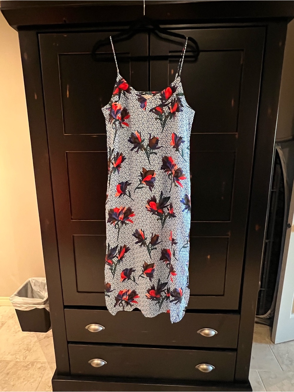 Equipment Red Floral Slip Midi Dress on White Geometric
